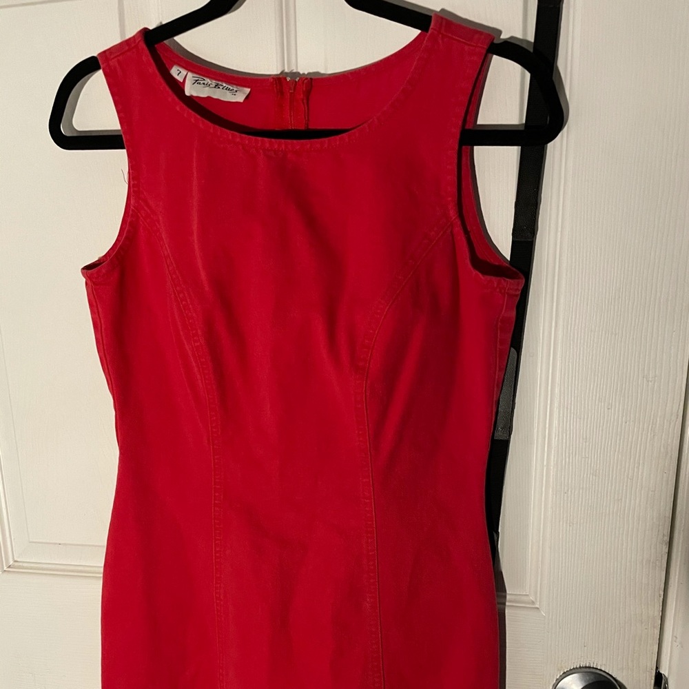 Red jean-like material sheath dress, (Vintage)